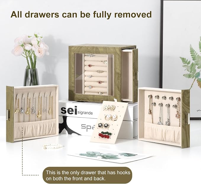 DesignSter Jewelry Box Organizer, Jewelry Box for Women, PU Jewelry Organizer Display Case with Side Drawers, Jewelry Storage for Earring Necklace Ring Bracelet Watch - Image 7