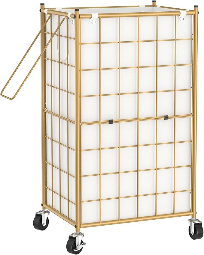 WOWLIVE Laundry Hamper with Wheels,Metal Wire Frame Rolling Laundry Basket with Removable bag,100L Dirty Clothes Hamper Organizer Dorm Room Storage for Bedroom,Bathroom,Golden by WOWLIVE