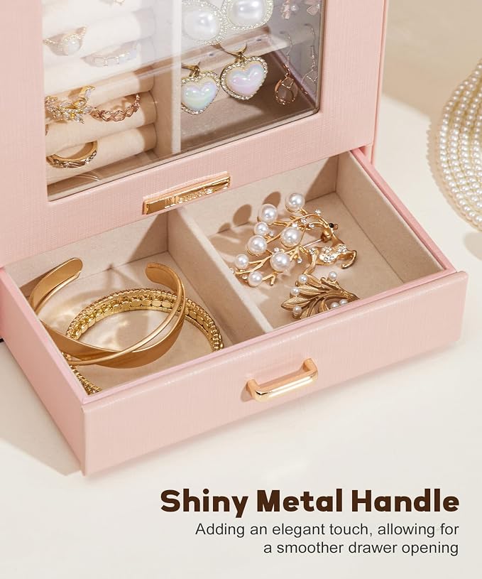 Homde Jewelry Organizer Girls Women Jewelry Box for Necklaces Rings Earrings Gift Bracelets Storage Case (Peach Pink + Gold) - Image 8