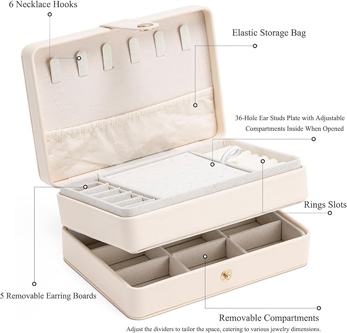 MODENGKONGJIAN Jewelry Organizer Box, 2-Layer Large Jewelry Storage Case, Portable Travel Jewelrys Display Holder for Earrings, Necklaces, Bracelets (Beige, PU Leather) - Image 3