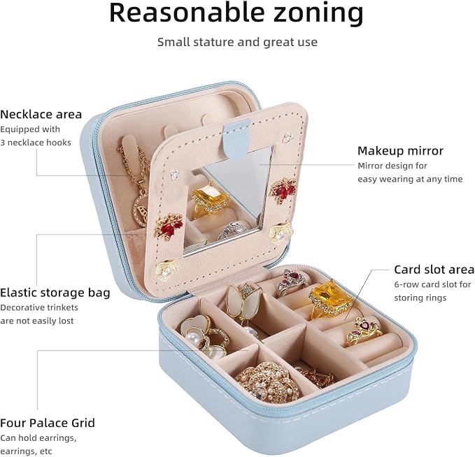 KElofoN Travel jewelry case Travel jewelry box Travel Jewelry Organizer Small Jewelry Organizer Box for Girls Women with Mirror (Sky blue-5) - Image 5