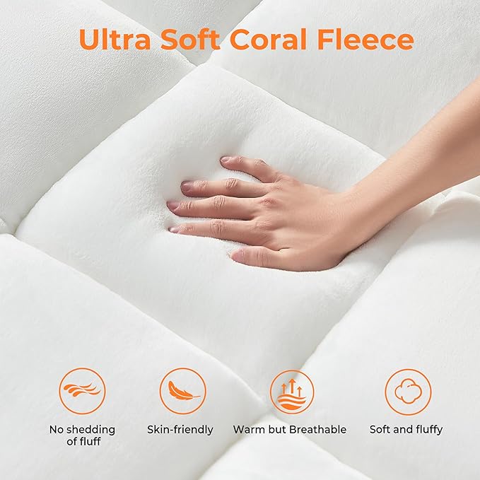 Ultra Soft Coral Fleece California King Size Mattress Topper, No Compression Plush Thick Pillow Top Mattress Pad with Deep Pocket, Winter Warm Cozy Bed Topper Cover for Back Pain Relief