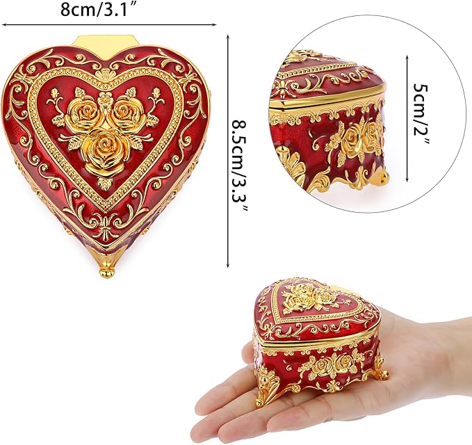 Hipiwe Heart Shape Jewelry Box Classic Metal Trinket Organizer Ring Storage Box with Rose Pattern Jewelry Storage Box for Ring Earrings Necklace, Gift for Women, Red - Image 3