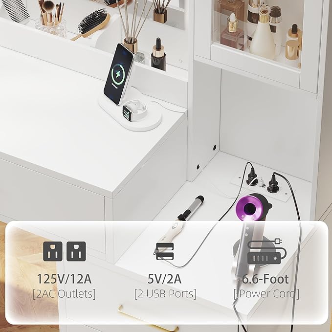 UGTOO Makeup Vanity Desk with Mirror and Lights, 51.2" Makeup Vanity with Lights & Charging Station, Dressing Table Vanity Set for Bedroom, White Vanity Table with 6 Drawers and 3 Cabinet