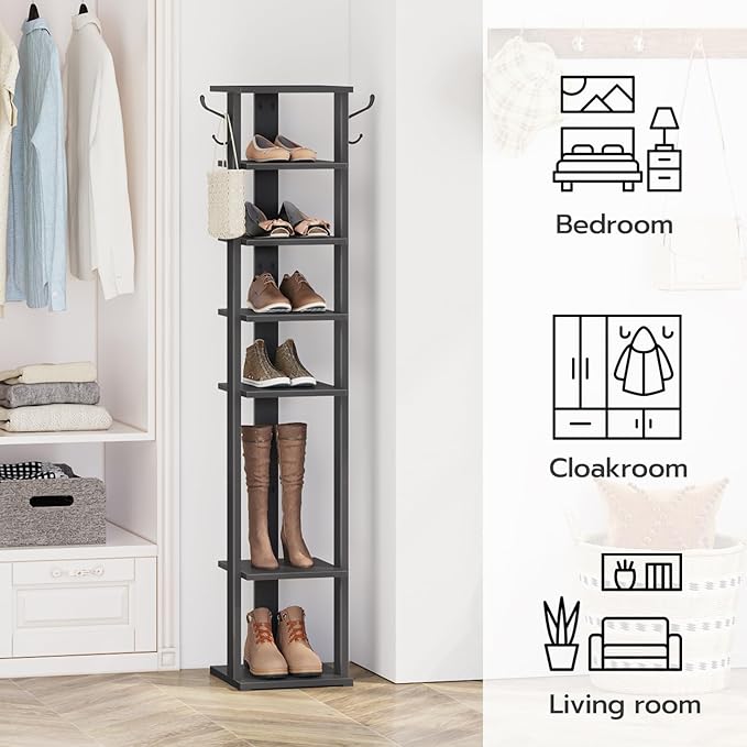 HOOBRO 8 Tiers Vertical Shoe Rack, Wooden Shoe Storage Organizer with Hooks, Narrow Shoe Tower for 8 Pairs, Space Saving, for Entryway, Living Room, Bedroom, Black BK07XJ01 - Image 4