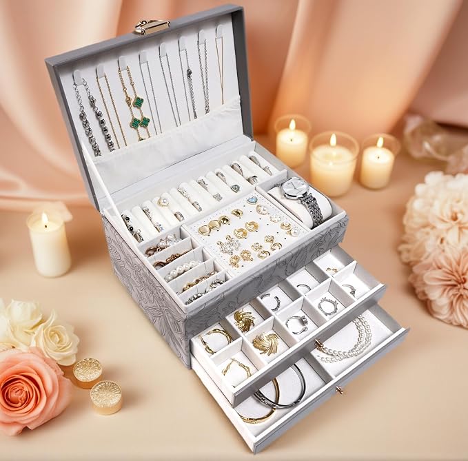 TOFUNTOY Jewelry Organizer Box, Large Jewelry Boxes for Women, 3-Layer Jewelry Holder Organizer for Necklace Earrings Rings Bracelets Storage, Gift for Her Mom - Image 5