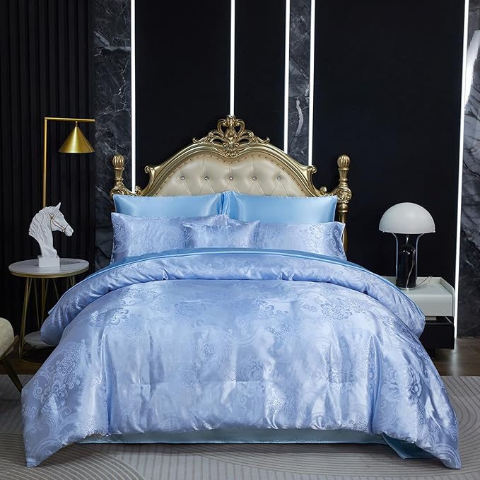 Blue Comforter King Jacquard Bedding with Baby Blue Satin Sheet Set 8 Pcs Royal Embroidery Neoclassical Floral Home Decor Soft Luxury Hotel Bed in a Bag with 1 Cushion Cover