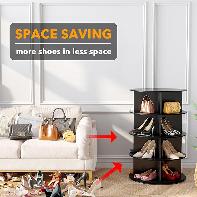 SpaceAid 4 Tier Rotating Shoe Rack Tower, Spinning Shoe Display Lazy Susan, Revolving 360 Shoe Rack Storage Round Carousel, Vertical Handbag Rotate Shoes Closet Organization (4-Tier Black) - Image 3