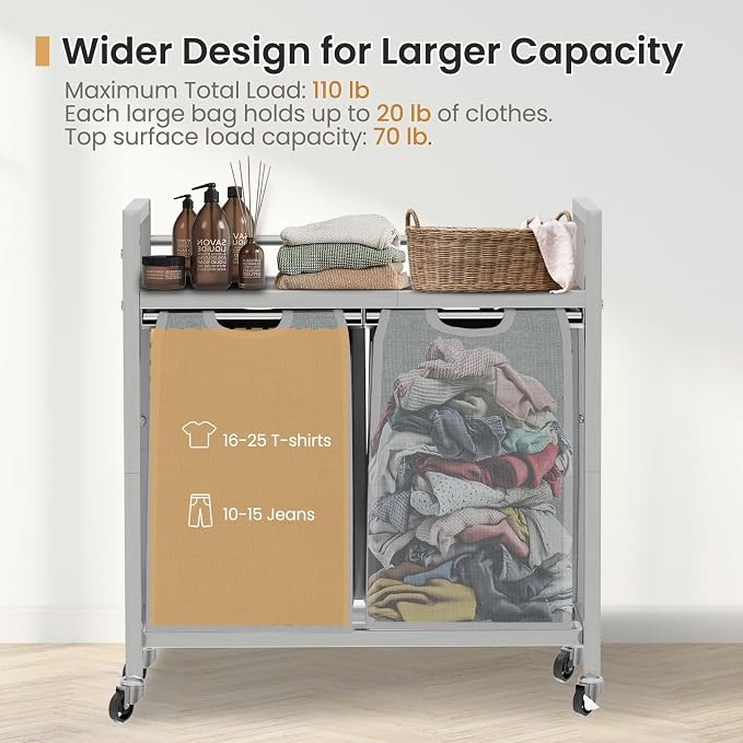 SwaaVee Laundry Hamper, Laundry Basket, Laundry Sorter with 3 Removable Bags, Clothes Basket with 3 Compartments, Wheels, Shelf for Laundry Room Bathroom Bedroom (2 Bags-Gray) - Image 3