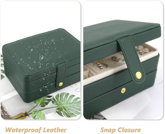 KOOAAICCHI Small Jewelry Box, Travel Jewelry Organizer, Portable Jewelry boxes for Women Girls Gift, Double Layers PU Leather Jewelry Holder for Rings, Earrings, Necklaces-Green - Image 2