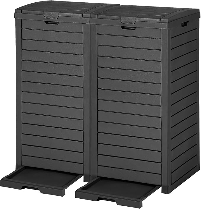 DWVO 38 Gallon Large Outdoor Trash Can, 2-Pack Waterproof Resin Hideaway Garbage Bin with Lid and Drip Tray, Outside Trash Bin for Porch, Backyard, Deck, Patio, Poolside, Easy to Clean, Black by DWVO
