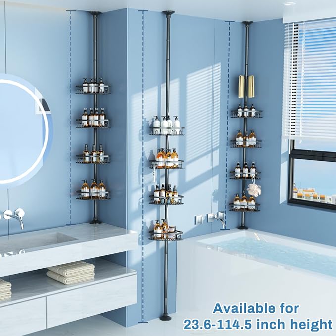 cutefafa Rustproof Corner Shower Caddy Tension Pole, 4 Large Baskets for Bathtub Shampoo Storage Organizer Bathroom Height Adjustable Shelves from 23.6 to 114.5 Inch with Towel Bar - Image 2