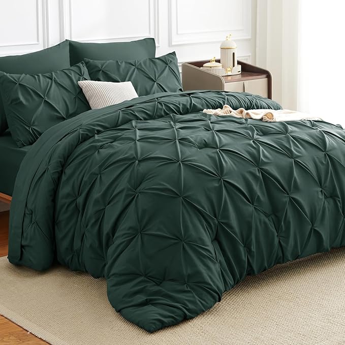 CozyLux Queen Comforter Set Forest Green, 7 Pieces Pintuck Bed in A Bag, Premium Green Comforter Queen Size, Pinch Pleat Bedding Sets with Comforter, Sheets, Pillowcases & Shams