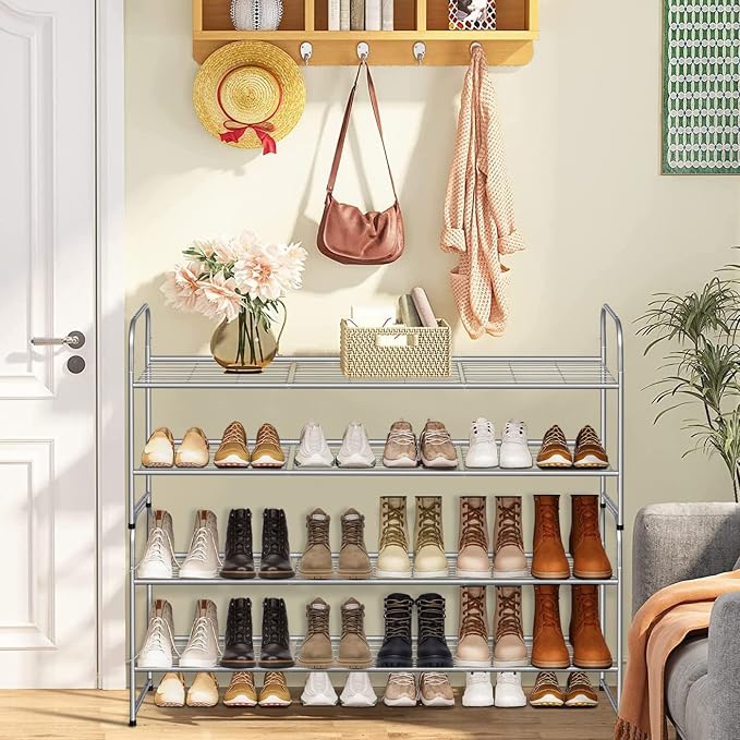 AOODA 2 Tier Long Metal Shoe Rack for Closet Wide Stackable Shoe Storage Organizer 18-Pairs Low Small Sneaker Rack for Entryway, Bedroom, Garage, Grey - Image 2