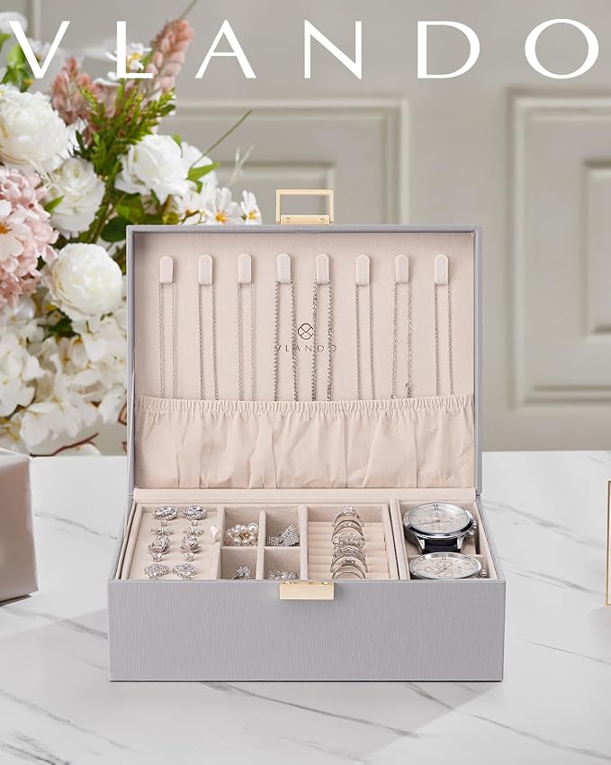 VLANDO 2 Layer Jewelry Box Large Jewelry Organizer for Women Removable Jewelery Tray with Watch Pillow for Necklace Earrings Rings Bracelets Gifts for Couples Mom Friends, Bridesmaid (Grey) - Image 2