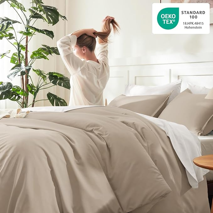 Litanika Khaki Comforter Set Queen Size, 3 Pieces Solid Bedding Comforter Set, All Season Down Alternative Bed Set (90x90In Comforter & 2 Pillowcases)