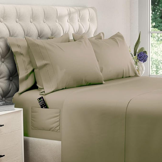 DREAMCARE Queen Sheet Set - 6 pcs Breathable Cooling Bed Sheets - up to 21" Extra Deep Pocket Queen Sheets Set with Side Pockets -Extra Soft 100% Brushed Hypoallergenic Hotel Luxury Bedding Eucalyptus