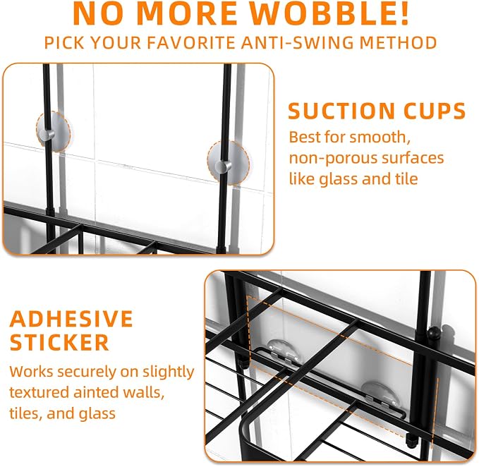 Epicano Hanging Shower Caddy for Handheld Showerheads, Anti-Swing Overhead ShowerCaddy with Removable Hooks & Holders for Razor, Sponge, Soap & Toothbrush, Stainless Steel, Black - Image 6
