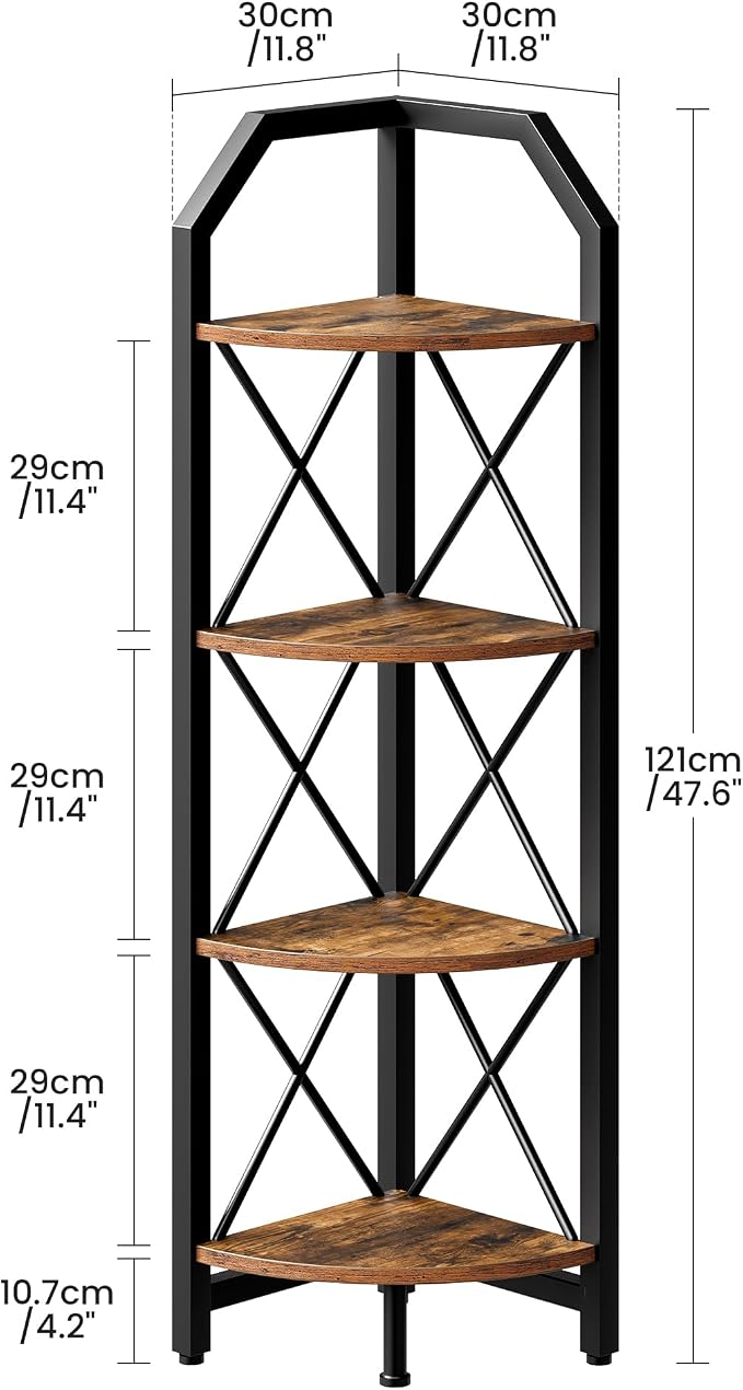 CHOEZON 4-Tier Rustic Brown and Black Corner Shelf, 4-Shelf Industrial Corner Bookshelf, Space-Saving Corner Storage Stand, Plant Stand Display Shelf, Bedroom, Living Room, Home Office - Image 2