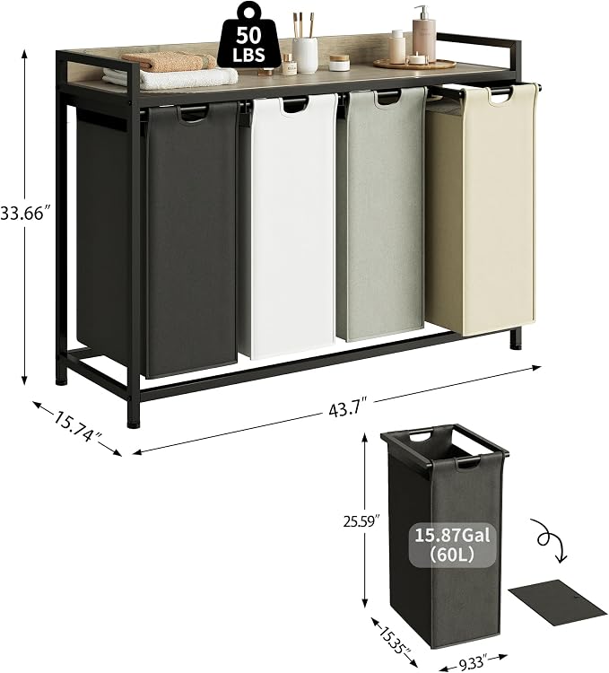 Herture Laundry Hamper with Shelf, Laundry Basket 4 Section, Laundry Sorter with Pull-Out Removable Large 4 Color Bags and Movable Wheels, Metal Frame, 4 x 15.87 Gallons (60L),Greige PF07XLZ - Image 4