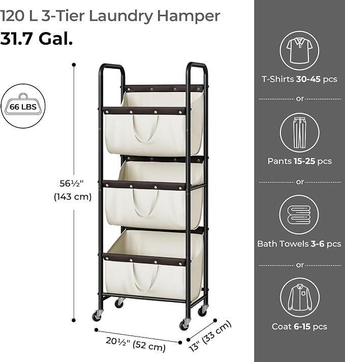 GRANNY SAYS 3 Tier Laundry Sorter, Laundry Basket with Wheels, Laundry Room Organization and Storage, 3 Section Rolling Laundry Cart for Dorm, Bathroom, Bedroom, Closet, Beige - Image 3