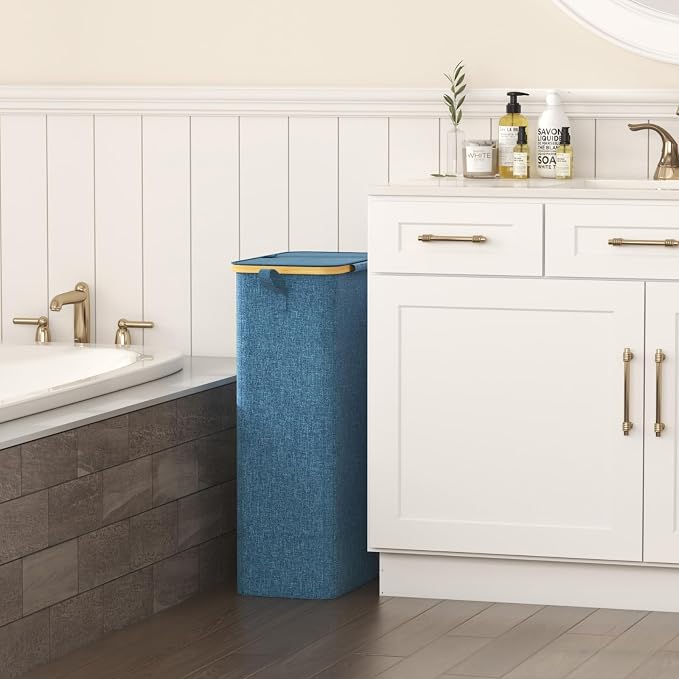 Lifewit 75L Slim Laundry Hamper with Lid, Narrow Laundry Basket with Removable Bag & Bamboo Handles, Fodable Thin Dirty Clothes Hamper for Laundry Collapsible Bin for Bathroom Bedroom Dorm, Dark Blue - Image 2