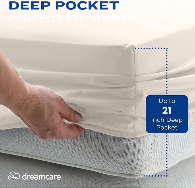 DREAMCARE Twin XL Sheet Sets - 4pc Cooling Sheets XL Twin Sheets - up to 21” Deep Pocket – Hotel Luxury Extra Long Twin XL Bed Sheets 100% Brushed Microfiber with Side Pocket - Ivory