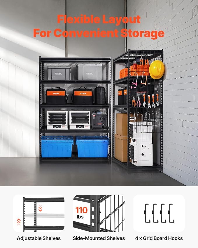 VEVOR Storage Shelves, 3000 lbs, 5 Tier Heavy Duty Garage Shelving, 20" D x 48" W x 72" H Adjustable Metal Shelves for Industrial Shelving Unit Utility Shelf, for Kitchen, Warehouse, Basement, Black - Image 5