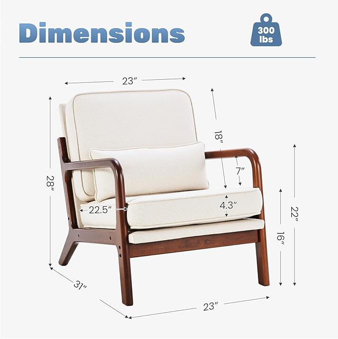 DUMOS Mid Century Modern Chair Set of 2, Accent Chair with Arms and Waist Cushion, Reading Chairs for Adults, Lounge Chair for Living Room and Bedroom, Solid Wooden Frame, Beige