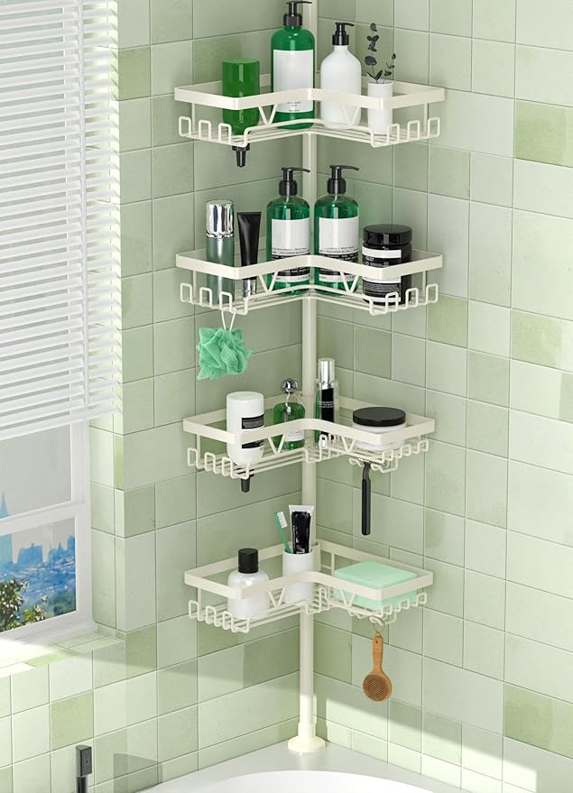DAOYA Corner Shower Caddy Tension Pole, 4-Tier Adjustable Corner Shower Caddy with Soap Dish & Razor Holder, Stainless Steel Tension Pole Shelf Fits Bathtub & Floor 25-114.2 inches(Off-white) by DAOYA