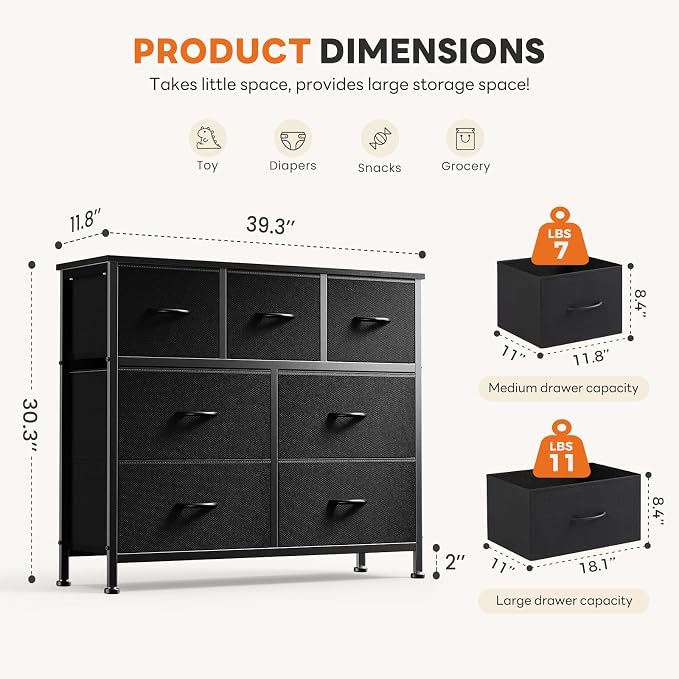 Sweetcrispy 7 Drawer Dresser with Fabric Bins Fabric Storage Tower Organizer for Bedroom Closet Hallway Entryway Tall Chest of Drawers with Steel Frame Wood Top Easy Pull Handles,Black - Image 3