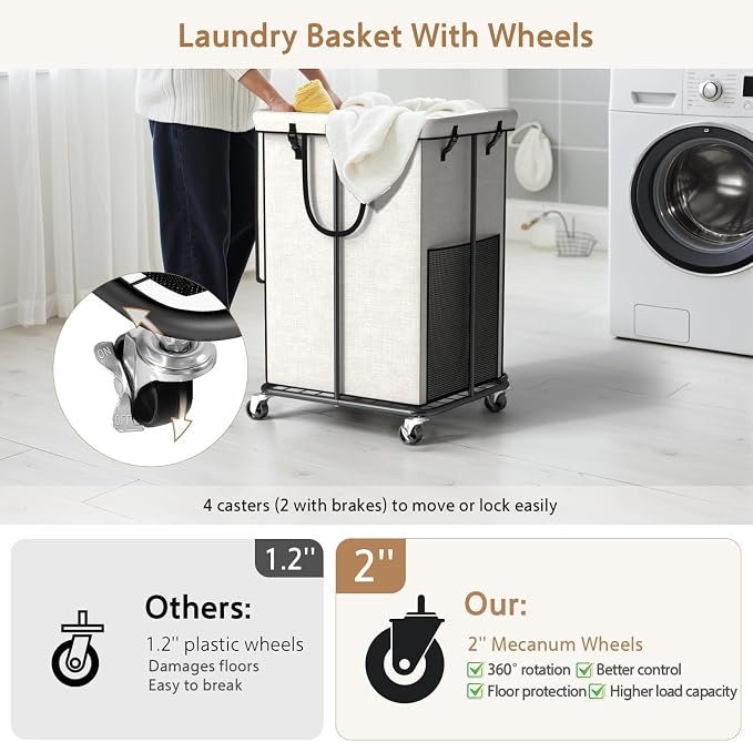 40 Gal Large Laundry Hamper with Lid, Rolling Laundry Basket with Wheels, Oxford Fabric Dirty Clothes Hampers with Removable Laundry Bag & Metal Frame for Bedroom, Laundry Room, Bathroom, Dorm(White) - Image 4