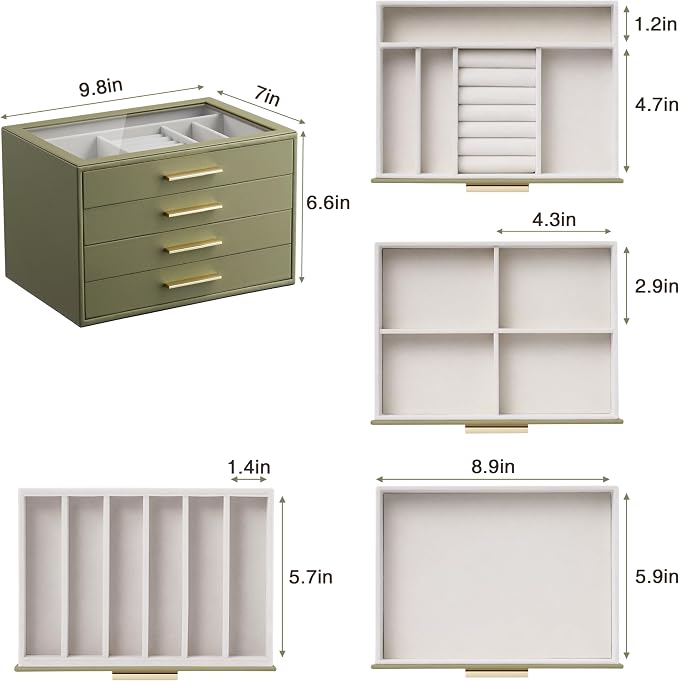 Jewelry Box Organizer Case for Women: 4-Layer Jewelry Storage Case with Glass Window, Olive Green Leather with Cream Velvet, Holder for Ring Necklace Bracelet Brooch Watch, Great Gift for Her - Image 7