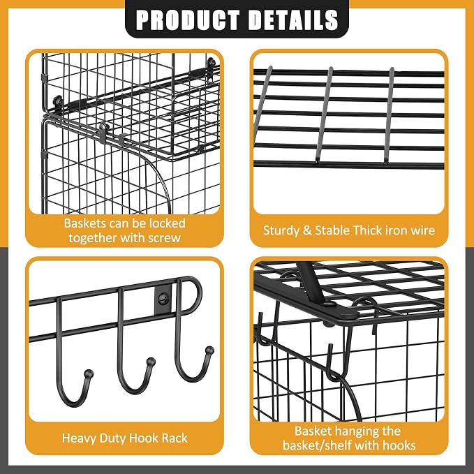 ThreeHio 2 Pack Garage Shelves Wall Mounted with Wire baskets, Heavy Duty Garage Wall Shelving with Hooks, Wire Shelf Baskets Tool Organizer for Home Garden Garage Organization and Storage - Image 6
