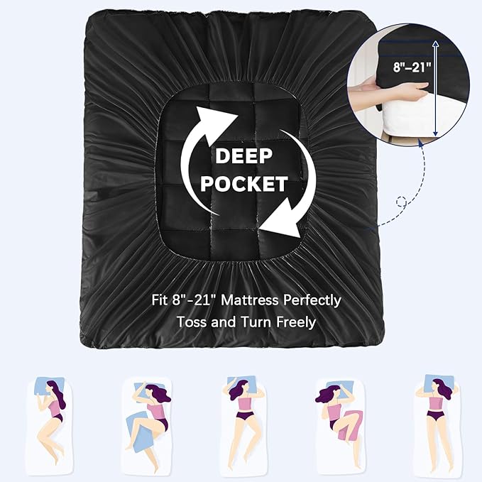 CYMULA Full Size Mattress Topper, Cooling Mattress Pad Cover, Thick Full Bed Pillow Topper Mattress Topper with Deep Pockets, Washable Plush Down Alternative Fill Mattress Protector, Black