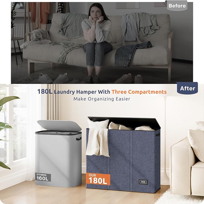 SOLEDI 180L 3-Section Laundry Hamper with Lid, Extra Large Dirty Clothes Basket with Sturdy Handles for Laundry Room & Bedroom - Durable Organizer for Sorting Laundry - Image 6
