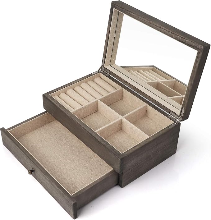 Meangood Jewelry Box Organizer for Women, 2 Layer Large Jewelry Storage Case, Rustic Wooden Jewelry Box with Mirror & Ring Tray for Necklace Earring Bracelets Rings, Vintage Style (Weathered Grey) - Image 9