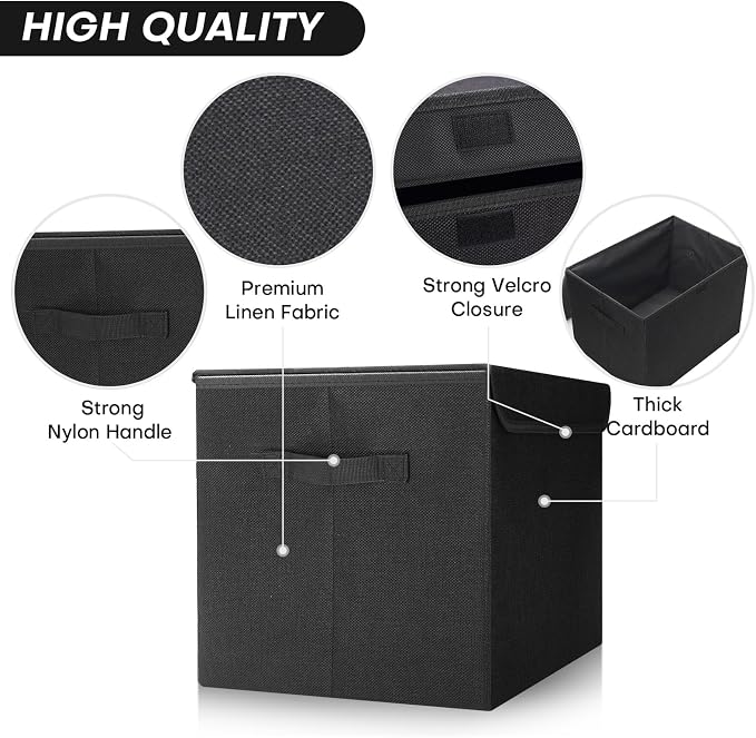 Bagnizer Large 22 Quart Linen Fabric Foldable Storage Bin Cube Organizer Basket with Flip-Top Lid & Handles, Clothes Blanket Box for Home, Office, Closet, Black, 4 Pack 14.6 x 9.5 x 9.5” - Image 3