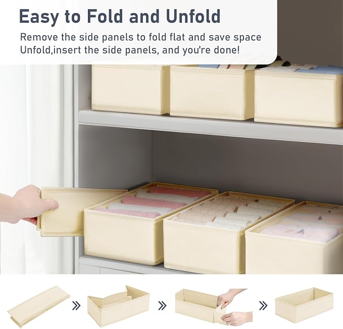 DIMJ Drawer Organizer Clothes - Underwear Organizer Small Sock Organizer Closet Organizers and Storage Box Dresser Drawer Dividers for Baby Clothes,Bra,Socks, Belt, Tie, Set of 6,Beige - Image 7