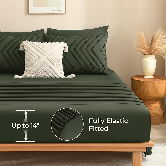 Litanika Super King Plus Size Comforter Set with Sheets Olive Green - 7 Pieces Bed in a Bag Oversized King Boho Tufted Complete Bedding Sets with Comforter, Sheets, Pillowcases & Shams