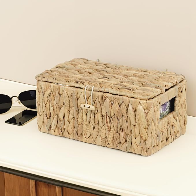 Small Wicker Basket with Lid, Natural Water Hyacinth Storage Baskets for Organizing, Rectangular Woven Basket for Storage, Decorative Boxes Bins with Lids and Built-in Handles (10.2" x 6.3" x 3.9") - Image 6