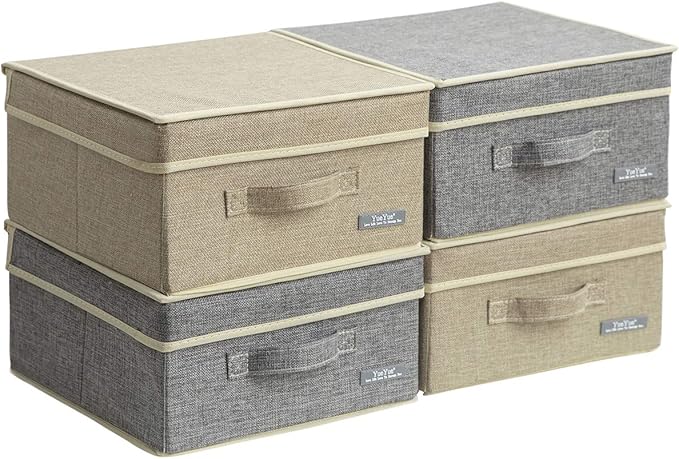YueYue 4 Pack Small Fabric Storage Box with Lids, Foldable Linen Storage Box with Lids 4 Pieces Gray&Linen Set 12.4in/12in/6.7in by YueYue