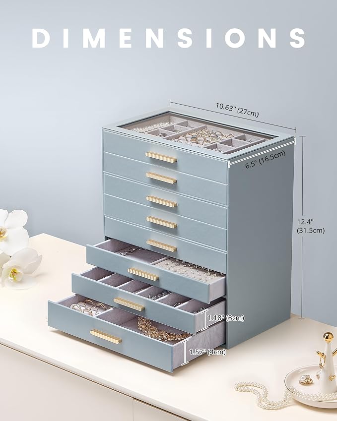 Lolalet Jewelry Box Organizer, 8-Layer Jewelry Organizers and Storage Case with Glass Lid, Ring Earring Bracelet Necklace Holder Organizer, Birthday Valentine Gifts for Women Girls -8Layer, HazeBlue - Image 6