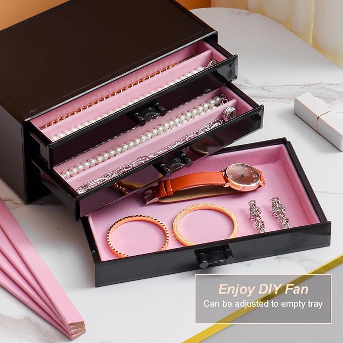 YUFONG Necklace Holder Organizer, Dustproof Necklace Box Velvet Necklace Organizer Box with Lid Clear Acrylic Dustproof Stackable Jewelry Displays for Necklaces Chain Display (Black Pink, 5 Drawer) - Image 5