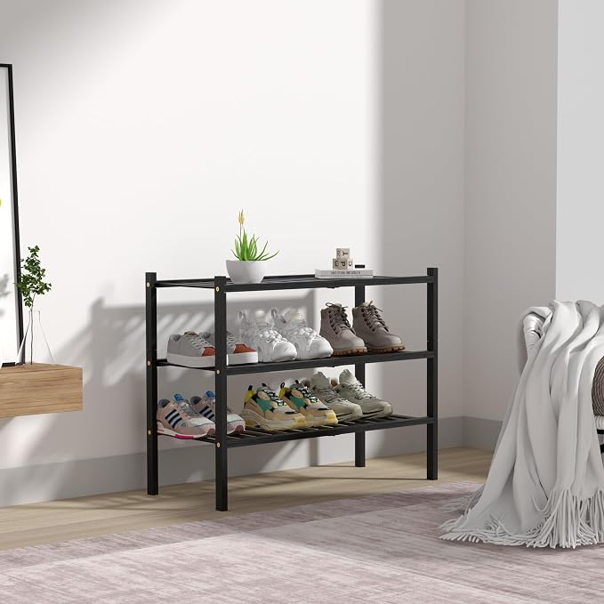 ROMGUAR CRAFT 3 Tier Bamboo Shoe Rack for Closet Free Standing Wood Shoe Shelf Storage Organizer for Entryway Small Space Stackable 27"x11"x20" (Black) - Image 7