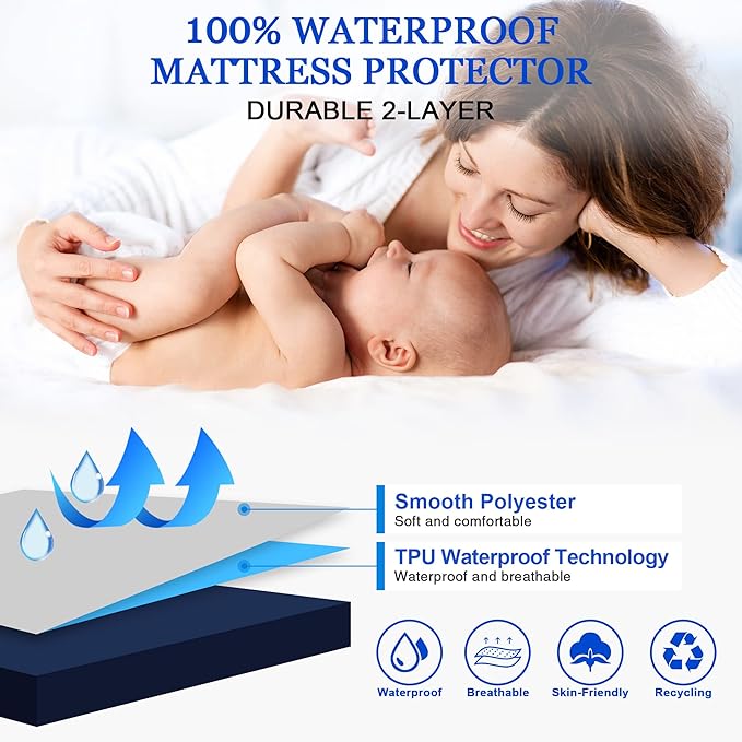 Sufdari Waterproof Mattress Protector, Mattress Cover Twin Size for Bed,18" Deep Pocket Fitted Sheet Style Mattress Protector with Elastic Rubber Band-Navy Blue,Twin