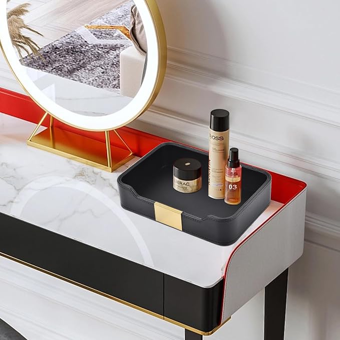 Luxury Leather Valet Tray Desktop Storage Organizer,Bedside Vanity Catchall Tray Nightstand Caddy Holder for Cosmetic,Jewelry,Watch,Keys,Phone,Wallet,Remote Controller,Pen,Black - Image 3