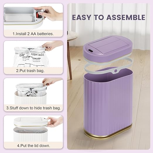 ELPHECO Bathroom Trash Can with Lid Butterfly, Motion Sensor Trash Can Bathroom Decor Automatic Garbage Can Wastebasket Bathroom Accessories, Kitchen, Living Room, Office, Purple Gold - Image 5