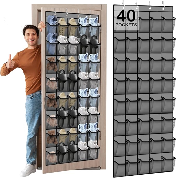 Over the Door Shoe Organizer - 40 Large Breathable Mesh Pockets, Space Saving Hanging Shoe Organizer with Metal Hooks, Hanging Shoe Rack for Men's and Women's Shoes (Grey) by Unknown