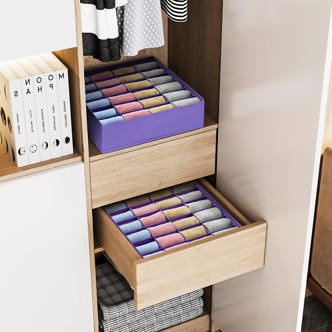 Joyoldelf Sock Drawer Organizer Divider 2 Packs Underwear Organizer, 24 Cell Closet Organizers and Storage Organizer Sock Holders Organizers for Storing Socks, Handkerchiefs, Ties, Belts (Purple) - Image 3